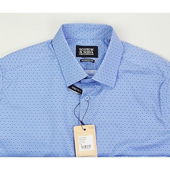 Scotch & Soda Amsterdam Sz 16.5/42 Mens Modern Fit Stretch Blue Polka Dots Shirt - Picture 1 of 12